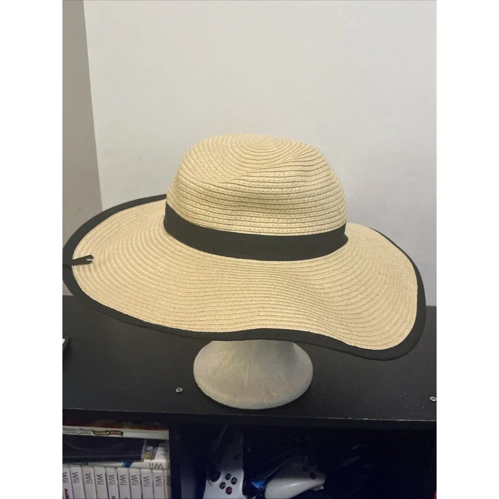 Lane Bryant Straw Sun Hat Wide Brim Beige Black One Size Summer NWT
